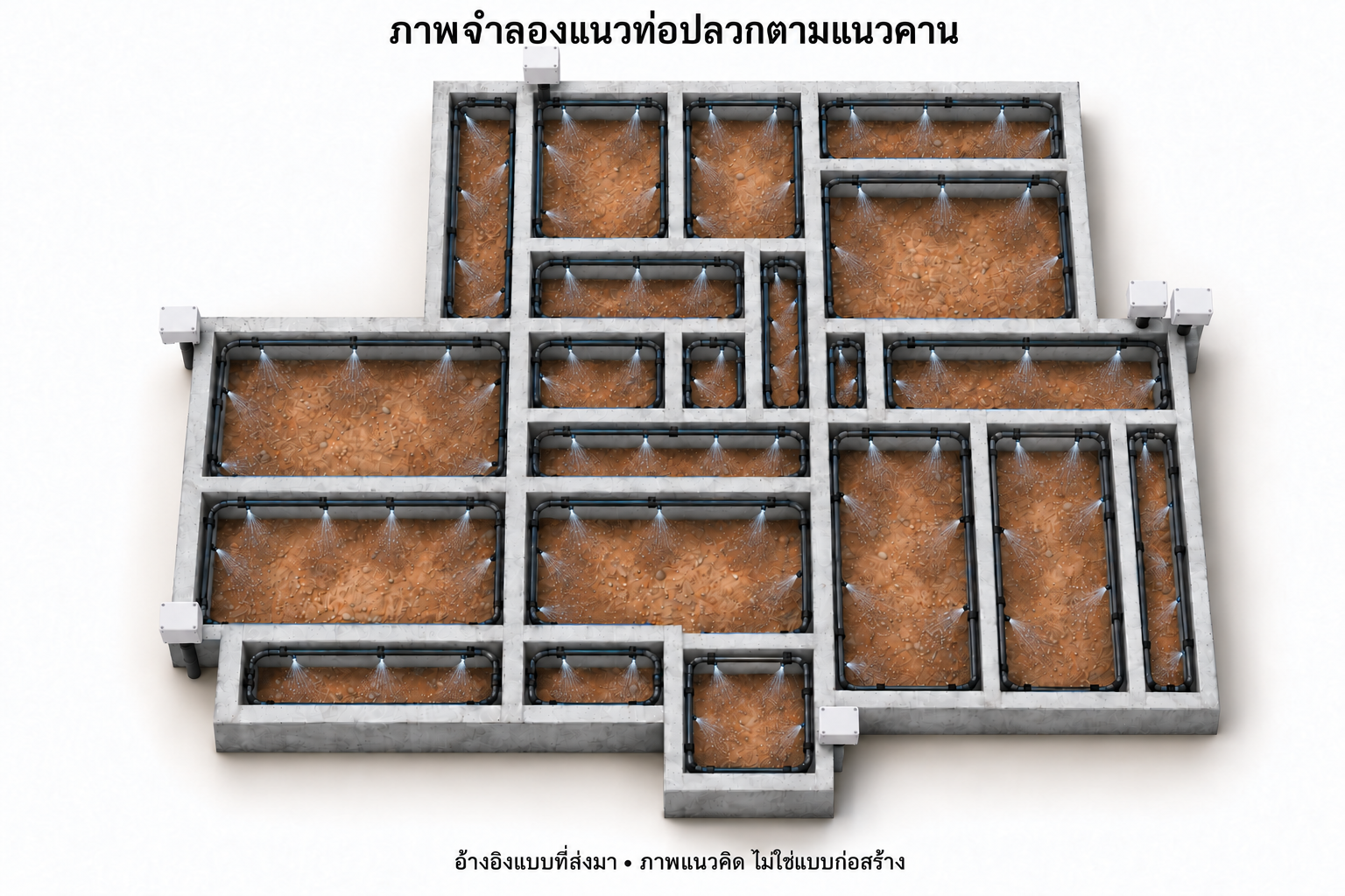 ภาพจำลองท่อป้องกันปลวกใต้พื้นบ้าน เดินตามแนวคานและมีหัวจ่ายส่งน้ำยาลงดิน